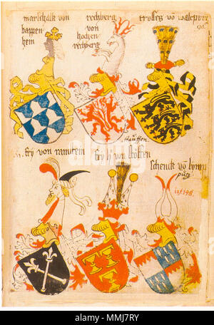 . Ingeram-Codex der ehemaligen Bibliothek Cotta marschalk von/bappen/Saum rechberg/von/hochen/Rechberg Traversen vo (m) waltpurg Braten von Ramstein fryr von stöffen Schenck vo (n) lympp/[purg/Inf. 148]. 1459. Hans Ingeram und ein sogenanntes Exempla-master Ingeram Codex 096 Stockfoto