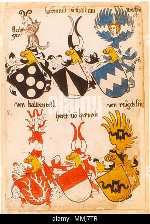 . Der ehemaligen Bibliothek Cotta Ingeram-Codex flechin/gen hoffmaister vo (n) von thalhain wechn (er) von kaltenntall hertt (er) vo (n) von rwgckling herneck (Rückling). 1459. Hans Ingeram und ein sogenanntes Exempla-master Ingeram Codex 112 Stockfoto