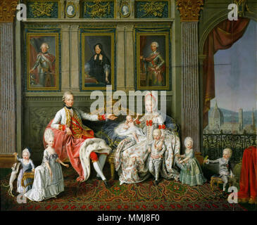 . English: Signatur: Sig. und dat.: WENZEL WERLINUS FACIEBAT 1773 Kunsthistorisches Museum Wien, Gemäldegalerie Provenienz: Primogeniturfideikomiss abgebildete Personen: Kaiser Leopold II. Sohn des Franz I. Stephan Habsburgischen Österreich, Kaiserin Maria Ludovica di Carlo di Bourbon Sizilien, Erzherzogin Maria Theresia Tochter d. Leopold II. von Habsburg Österreich, Kaiser Franz I. (II.) Sohn des Leopold II. von Habsburg Lothringen, Großherzog Ferdinand IV. Sohn des Leopold II. von Habsburg Lothringen, Erzherzogin Maria Anna Tochter d. Leopold II. von Habsburg Österreich, Erzherzog Karl Sohn Stockfoto