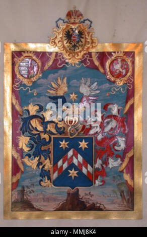 . English: Wappen aus dem Adelsdiplom eines Monarchen aus dem Haus Habsburg (mit den begleitenden Wappen der Habsburger als Könige von Ungarn und Böhmen) aus dem späten 18. Jahrhundert. . 18. Anonyme Adelsdiplom - Habsburg 18. Jhdt. - Wappen Stockfoto