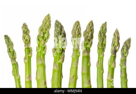 Frische grüne Spargelspitzen in einer Reihe. Sparrow Gras. Kultiviert Asparagus officinalis. Frühling Gemüse mit dicken Stielen und geschlossenen Knospen. Essen Foto. Stockfoto