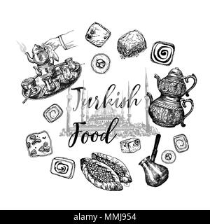 Satz von Hand gezeichnete Skizze stil Turkish Delight, Lebensmittel, Tee und Kaffee auf weißem Hintergrund. Vector Illustration. Stock Vektor