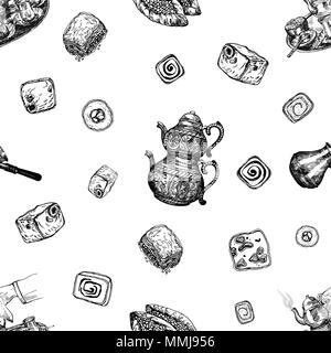 Nahtlose Muster von Hand gezeichnete Skizze stil Turkish Delight, Lebensmittel, Tee und Kaffee auf weißem Hintergrund. Vector Illustration. Stock Vektor