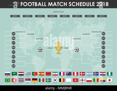 Fußball oder Soccer Cup Spielplan und Schautafel. Vektor für internationale WM-Turnier 2018. Flache Bauform. Stock Vektor