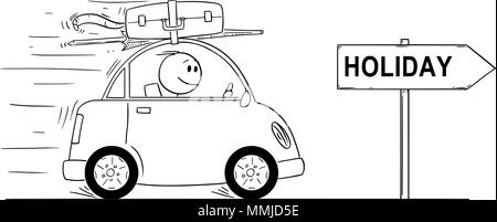 Cartoon von lächelnden Menschen, in kleinen Auto. Pfeil mit Holiday Text. Stock Vektor