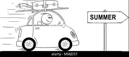 Cartoon von lächelnden Menschen, in kleinen Auto auf Urlaub oder Ferien. Pfeil mit Sommer Text. Stock Vektor