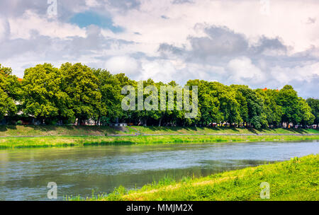 Linden Allee am Ufer des Flusses Uzh.Schöne urban Sommer Landschaft. beliebter Lage der Altstadt. tolles Wetter mit blauem Himmel und einige Wolken Stockfoto