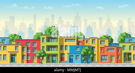 Abbildung: Farbenfrohe, moderne Haus mit Bäumen, nahtlose Stock Vektor