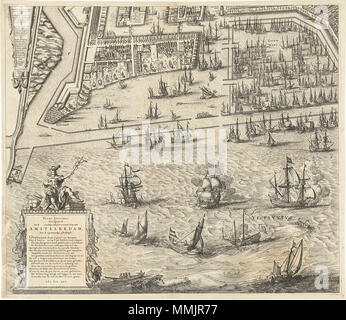 . Nederlands: Grote plattegrond van de Stad Amsterdam uit 1625. Linksboven een gezicht Op de stad en rechtsboven een kaart van de omgeving. Dsub een Lijst met de Namur van Straten aan de Oude en de Nieuwe stadszijde. De plattegrond ist samengesteld uit negen Glasplatte, waarvan Twee ontbreken. Dit ist Het blad linksonder met de Haven en Het IJ en een Gedicht op de Stad Amsterdam Tür Petrus Scriverius. Karte von Amsterdam (links unten), 1625. 1625. Balthasar Florisz. van Berckenrode (ca. 1591-1645) Alternative Namen Floris Bathasar Berkenrode, Balthasar Floirsz., Floris Balteser, Balt Stockfoto