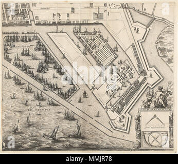 . Nederlands: Grote plattegrond van de Stad Amsterdam uit 1625. Linksboven een gezicht Op de stad en rechtsboven een kaart van de omgeving. Dsub een Lijst met de Namur van Straten aan de Oude en de Nieuwe stadszijde. De plattegrond ist samengesteld uit negen Glasplatte, waarvan Twee ontbreken. Dit ist Het blad rechtsonder met de Westelijke Eilanden. Plattegrond van Amsterdam (blad rechtsonder), 1625. 1625. Balthasar Florisz. van Berckenrode (ca. 1591-1645) Alternative Namen Floris Bathasar Berkenrode, Balthasar Floirsz., Floris Balteser, Balthazar Florentii Beschreibung niederländischer Kartograph Stockfoto