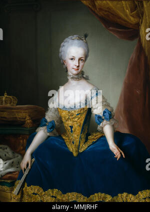 . Español: Retrato de la archiduquesa María Josefa de Lorena (1751-1767), Que fue hija de la emperatriz María Teresa ich de Austria y del Emperador Francisco ich del Sacro Imperio Romano Germánico. Englisch: Maria Josepha von Österreich, Tochter von Maria Theresia von Österreich und Franz I., Kaiser des Heiligen Römischen Reiches. Sie wurde von Ferdinand IV. von Neapel (die Krone im Hintergrund) engagiert, aber an den Pocken starb sie im Alter von 16 Jahren vor der Ehe. Italiano: Maria Giuseppina d'Austria, figlia di Maria Teresa d'Austria e di Francesco I, Sacro Romano Imperatore. Fu fidanzata ein Ferdinando IV di Napo Stockfoto