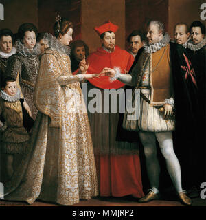 . Maria de Medici Ehe durch Proxy mit Heinrich IV. von Frankreich, von Ferdinand I., Großherzog von Toskana vertreten. Italienisch: die Hochzeit von Maria de' Medici ed Enrico IV di Francia Hochzeit von Maria de Medici und Heinrich IV. von Frankreich. 1600. Marie de Medici Ehe Stockfoto