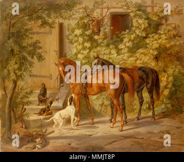 Englisch: Pferde auf der Veranda. 1843. Adam, Albrecht - Pferde auf der Veranda Stockfoto