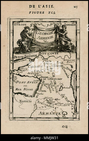 . Englisch: Detaillierte Karte der Region zwischen Meer und Kaspischen Meer, im Süden an Mesoptamia. Dekorative Kartusche. Karte von Armenien und Georgien, Beschreibung de L'Universum (Alain Manesson Mallet, 1683). Français: [Carte s. 211: Carte de la] Géorgie, arménie. [Cote: Réserve DS7 M27A]. [Abbildungen de Beschreibung de l'Univers contenant Les différents Systèmes du Monde, Les cartes Générales et particulières de la géographie Ancienne et moderne, Les Plans et Profils des principales Villes et des autres lieux plus considérables de la terre, avec les Porträts des souverains qui y Stockfoto