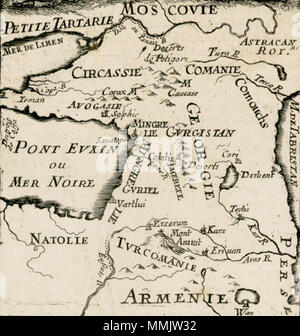 . Englisch: Detaillierte Karte der Region zwischen Meer und Kaspischen Meer, im Süden an Mesoptamia. Dekorative Kartusche. Karte von Armenien und Georgien, Beschreibung de L'Universum (Alain Manesson Mallet, 1683). Français: [Carte s. 211: Carte de la] Géorgie, arménie. [Cote: Réserve DS7 M27A]. [Abbildungen de Beschreibung de l'Univers contenant Les différents Systèmes du Monde, Les cartes Générales et particulières de la géographie Ancienne et moderne, Les Plans et Profils des principales Villes et des autres lieux plus considérables de la terre, avec les Porträts des souverains qui y Stockfoto