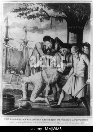 . Die Bostons die Zahlung der Verbrauchsteuern - Mann oder Teeren & Federn/auf Stein kopiert durch DC Johnston aus einem Drucken in London 1774 veröffentlicht. MEDIUM: 1 drucken: Lithographie. Erstellt/veröffentlicht: Boston: Pendleton, 1830. . 1830. David Claypoole Johnston (1798-1865) Alternative Namen David Claypool Johnston Beschreibung amerikanische Karikaturist, Grafiker, Maler und Schauspieler Geburtsdatum / Tod am 25. März 1799, 8. November 1865 Ort der Geburt / Todes Philadelphia Dorchester, MA Arbeit Standort Boston Authority control: Q 5232408 VIAF:?:? ISNI 57684331 0000 0001 1650 1297 ULAN:?? n 500031218 LCCN: 50040318 G Stockfoto