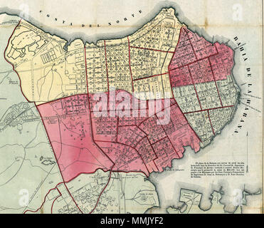 . Español: Ciudad de San Cristóbal de La Habana. Fragmento del Plano de La Habana: Con Los números de las Casas y la Abteilung Zivilgesellschaft, Justiz, eclesiástica y de instruccion pública y los Planos particulares del Puerto, Regla, Guanabacoa, Marianao y Cercanías de la Habana Formado con Vista de los magníficos Planos de la Capital del Puerto y de Marianao y Los Quemados, levantados en 1861 64, por distinguidos Ingenieros. En el lateral Derecho figura la Nota: "El plano de la Habana con curvas de Nivel ha sido levantado bajo la Richtung del Sr. Coronel de Ingenieros D. Francisco Alvear". . 17 M Stockfoto