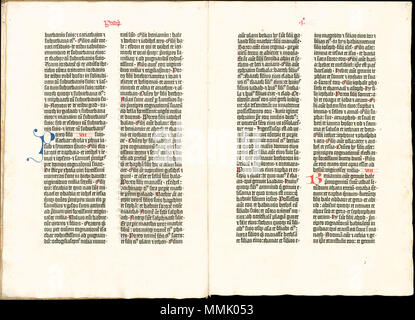 . Englisch: Vom 36 Verbreitung der Bibel gedruckt in 1458 - 1460 s in Bamberg. Kopie der Bayerischen Staatsbibliothek. Русский: Разворот из Библии, 36 строчной напечатанной в 1458 - 1460-х годах в Бамберге. Из экземпляр Баварской государственной библиотеки. . 1458 - 1460. Unbekannter Drucker. Mai Johannes Gutenberg oder Albrecht Pfister. 16 36 Online Bibel Stockfoto
