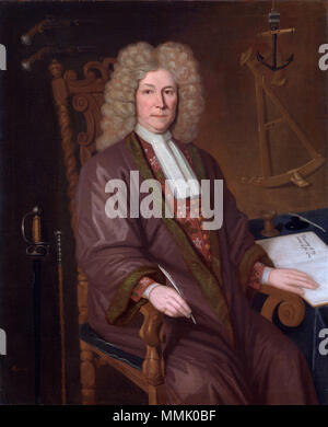 . Englisch: Captain Robert Knox (1642-1720) East India Company Öl auf Leinwand 126 x 102,8 cm 1711 eingeschrieben b: AEtat: 66 eingeschrieben b: P: Trampon: Pinx (auf dem Stuhl) bezeichnet c r: R: Knox: (auf der Quadrant) bezeichnet c r.: Memoiren meiner owne Leben: 1708 (auf dem Notebook). 1711. S. Trampon Kapitän Robert Knox (1642-1720), von P Trampon Stockfoto