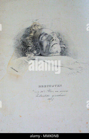 . Deutsch: Ludwig van Beethoven (1770-1827) am Totenbett. 1827. Josef Danhauser Beschreibung der österreichische Künstler und Maler Geburtsdatum / Tod 18. August 1805 vom 4. Mai 1845/ 1845 Ort der Geburt / Tod Wien Wien Behörde: Q 776508 VIAF:?:? ISNI 15563616 0000 00006675 2919 ULAN:?? n 500005957 LCCN: 83318489 WGA:? Danhauser, Josef Franz WorldCat Beethoven am Totenbett Litho Stockfoto