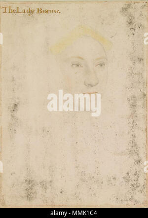 . Englisch: Porträt der Lady, bezeichnet "Die Frau Burow'. Schwarze und farbige Kreiden auf Rosa - grundiert Papier, 27,3 × 19,8 cm, Royal Collection, Windsor Castle. Die Zeichnung von erheblichen Reiben gelitten; die Umrisse des Gesichts auf der rechten Seite und die Augen wurde leicht von einer späteren Hand gearbeitet. Die Inschrift, die zu einem späteren Zeitpunkt, ist möglicherweise nicht richtig. Versuche, die von den Gelehrten zu etablieren, die 'Frau Burow' (vielleicht Borough oder Burgh) wurde nicht haben, nach Meinung der Kunsthistoriker K.T. Parker, überzeugend (Parker, S. 47-48). . Ca. 1532-43. Hans Holbein (1497/1498-1543) ein Stockfoto