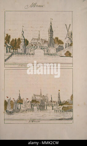 . Deutsch: Beschreibung de Afbeelding der Steden, Dörpen, Gehugten Adelijke en andere Gebouwen in Westfriesland, Waterland, Kennermerland, en Aankleve Van Dien, DUS-beschreven en bij een Versamelt, Mitsgaders, in Alphabetise Ordre Geschikt Tür Andries Schoemaker Atlas Schoemaker: Noord-Holland, Alkmaar. zwischen 1710 und 1735. Atlas Schoemaker - WESTFRIESLAND - DEEL 1-065 - Noord-Holland, Alkmaar Stockfoto