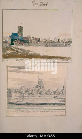 . Deutsch: Beschreibung de Afbeelding der Steeden Dörpen Gehugten Aadelijke Zuijt Gebouwen En Mdz in Holland en Aankleving Van Dien Rackinstallation naat leeven getekeent. en Naat A.B.C. gelegt Dus Beschreeven en bij een Versaamelt Tür Andries Schoemaker 1730 Atlas Schoemaker: Zuid-Holland, Brielle. zwischen 1710 und 1735. Atlas Schoemaker - ZUIDHOLLAND - DEEL 1-1395 - Zuid-Holland, Brielle Stockfoto