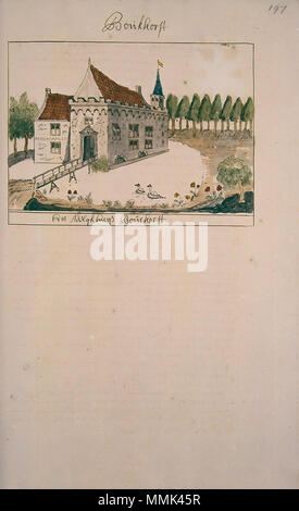 . Deutsch: Beschreibung de Afbeelding der Steeden Dörpen Gehugten Aadelijke Zuijt Gebouwen En Mdz in Holland en Aankleving Van Dien Rackinstallation naat leeven getekeent. en Naat A.B.C. gelegt Dus Beschreeven en bij een Versaamelt Tür Andries Schoemaker 1730 Atlas Schoemaker: Zuid-Holland, Bouckhorst. zwischen 1710 und 1735. Atlas Schoemaker - ZUIDHOLLAND - DEEL 1-1414 - Zuid-Holland, Bouckhorst Stockfoto