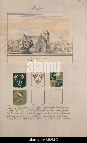 . Deutsch: Beschreibung de Afbeelding der Steeden Dörpen Gehugten Aadelijke Zuijt Gebouwen En Mdz in Holland en Aankleving Van Dien Rackinstallation naat leeven getekeent. en Naat A.B.C. gelegt Dus Beschreeven en bij een Versaamelt Tür Andries Schoemaker 1730 Atlas Schoemaker: Zuid-Holland, Rijsoord. zwischen 1710 und 1735. Atlas Schoemaker - ZUIDHOLLAND - DEEL 5-2202 - Zuid-Holland, Rijsoord Stockfoto