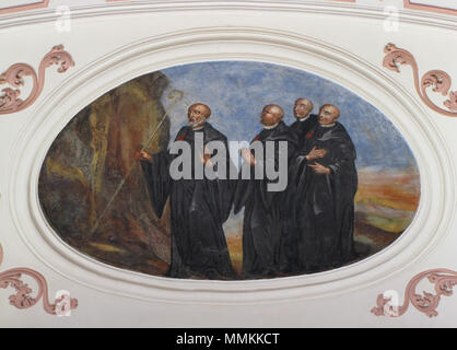 . Français: Elsass, Bas-Rhin, Église abbatiale Saint-Maurice d'Ebersmunster (PA 00124485 00084701, IA). Peinture monumentale "Vie de Saint-Benoît de Nursie" (Joseph MAGES, fresque, 1759): Benoît fait jaillir une source du Rocher. Dieses Objekt befindet sich in der Basis Palissy, Datenbank der Französische Möbel Erbe des französischen Kulturministeriums indiziert, unter der Referenz IM 67007572. Brezhoneg | Deutsch | English | Español | English | Deutsch | Français | Magyar | Italiano | Plattdüütsch | Português | +/-. 13. April 2015. © Ralph Hammann - Wikimedia Commons Ebersmunster Abbatiale 235 Stockfoto