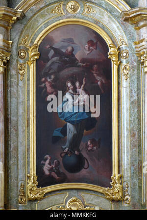 . Français: Elsass, Bas-Rhin, Église Sainte-Marguerite de Strasbourg (PA 00023181 00085279, IA). Tableau de l'Autel Secondaire "Vierge à l'enfant, Immaculée Conception" (Monique DANICHE?, huile sur toile, 300 x 150, XVIIIe): Dieses Objekt ist classé Monument Historique in der Basis Palissy, Datenbank der Französische Möbel Erbe des französischen Ministeriums für Kultur, unter den Referenzen PM 67000092 und 67000193. Brezhoneg | Deutsch | English | Español | English | Deutsch | Français | Magyar | Italiano | Plattdüütsch | Português | +/-. 21. April 2015. © Ralph Hammann - Wikimedia Commons Geispo Stockfoto