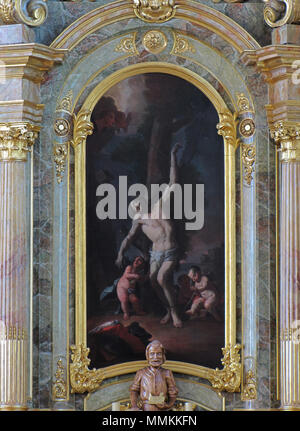 . Français: Elsass, Bas-Rhin, Église Sainte-Marguerite de Strasbourg (PA 00023181 00085279, IA). Das Tableau de l'Autel secondaire aint-Sébastien" (Monique DANICHE?, huile sur toile, 300 x 150, 1778): Dieses Objekt ist classé Monument Historique in der Basis Palissy, Datenbank der Französische Möbel Erbe des französischen Ministeriums für Kultur, unter den Referenzen PM 67000465 und 67000192. Brezhoneg | Deutsch | English | Español | English | Deutsch | Français | Magyar | Italiano | Plattdüütsch | Português | +/-. 21. April 2015. © Ralph Hammann - Wikimedia Commons Geispolsheim SteMarguerite 88 Stockfoto