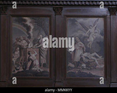 . Français: Elsass, Bas-Rhin, Église Saint-Nicolas d'Ergersheim (IA 67011803). Panneaux de lambris présentant des scènes peintes en grisaille: le Opfer de Noé; le Opfer d'Isaac. (Joseph SORG, huile sur Bois, 80 x 50, 1842). Dieses Objekt befindet sich in der Basis Palissy, Datenbank der Französische Möbel Erbe des französischen Kulturministeriums indiziert, unter der Referenz IM 67021162. Brezhoneg | Deutsch | English | Español | English | Deutsch | Français | Magyar | Italiano | Plattdüütsch | Português | +/-. 29. Mai 2015. © Ralph Hammann - Wikimedia Commons Ergersheim StNicolas 15. Stockfoto