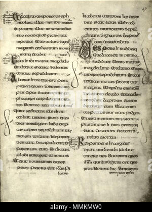 . Englisch: angelsächsischen Script. Manuskript Vatikanstadt, Biblioteca Apostolica Vaticana, Barb. Lat. 570, fol. 47 r (Evangelium des Matthäus). English: Angelsächsische Schrift (majuskel) in einer Handschrift des Matthäus-Evangeliums. Rom, Biblioteca Apostolica Vaticana, Barb. Lat. 570, fol. 47 r. . Zweiten Hälfte des 8. Jahrhunderts. Matthäus, der Apostel 46 angelsächsischen Script, Frau Vatikan Widerhaken. Lat. 570, fol. 47 r Stockfoto