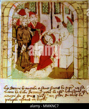 . Englisch: Szene aus dem Leben des heiligen Servatius nach der Legende. Hier: Servatius erhält den Bischofsstab und Mitre von ein Engel in der Stadt Tongeren. Zeichnen mit Text in Französisch in einem Manuskript von ± 1460 der sogenannten Blokboek van Sint Servatius (Brüssel, Königliche Bibliothek). 20. April 2012. Unbekannter Künstler, 15. Jahrhundert 87 Blokboek StServaas, 01. Stockfoto