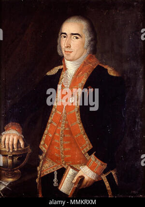 . Español: Retrato del Marino Alcedo y español Francisco Bustamante (1758-1805), Que alcanzó el grado de Capitán de navío de la Real Armada Española y murió en Mayo de 1805 en La Batalla de Trafalgar. El retratado aparece de Pie y de Medio cuerpo y Con Su mano derecha apoyada sobre un-Globo terráqueo. Con la mano Izquierda sostiene un Libro de Euclides, viste uniforme Pequeño de Teniente de navío y Luce la Venera y la cruz de Caballero de la Orden de Santiago. Francisco Alcedo y Bustamante. 18. Francisco Bustamante Alcedo y Stockfoto