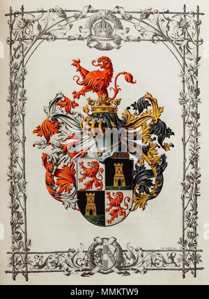 . English: Wappen aus dem Adelsdiplom von Franz Joseph I. (Kaiser von Österreich 1848-1916) für Hauptmann Johann Zachar, mit Verleihung des Prädikates "Edler von Radimil' aufgrund mehr als 30-jähriger Dienstzeit. Ausgestellt in Wien 1893, mit eigenhändiger Unterschrift des Kaisers, Gegenzeichnung Eduard Graf Taaffe. Pergamentlibell (Format ca. 38 x 29 cm), Ganzs goldgehöhte Totentanz, gedruckte Bordüre. Boess Wappendarstellung signiert 'Carl'. Violetter Samteinband mit goldgeprägter Doppeladlerdarstellung, anhängendes Siegel in Messingkapsel. In Metallkassette Adelsdiplom und Unterlagen (Format Stockfoto