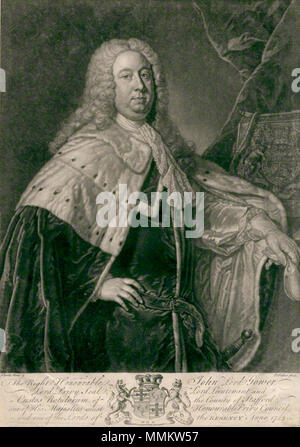 . Englisch: Portrait von John Leveson-Gower, 1. Earl Gower (1694-1754) von Johannes Faber Jr, nachdem Jean Baptiste van Loo, Mezzotint, 1743 oder nach dem 1. stEarlGower Stockfoto