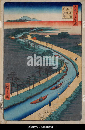 . Teil der Serie 100 berühmten Ansichten von Edo, Nr. 033, Teil 1: Frühling. Japanisch: "Towboats 四ツ木通用水引ふね" entlang der Yotsugi-dori Kanal. 1857. 100 views edo033 Stockfoto