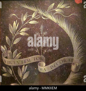 . Italiano: Il Ritratto di Ginevra de'Benci è un dipinto di Leonardo da Vinci, ein Tempera ed Olio su tavola (38,8 x 36,7 cm); quest'opera fu realizzata tra Il 1474 Ed il1478. L'Opera è conservata di Al National Gallery Washington Englisch: Kranz aus Lorbeer, Palm, und Juniper mit Scrollrad eingeschrieben Virtutem Decorat Forum [rückwärts] Ginevra de'Benci. 1474. DaVinciPortraitGinevraReverse Stockfoto