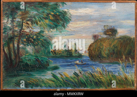 . Englisch: Pierre Auguste Renoir, Französisch, 1841 - 1919 Fluss Landschaft Öl auf Leinwand 16 x 24,2 cm. (6 5/16 x 9 1/2 in.) Rahmen: 32,5 × 40 × 6,4 cm (12 13/16 x 15 3/4 x 2 1/2 in.) Gabe von J.Lionberger Davis, Klasse von 1900 y 1968-1. Vor 1919. 11 1887, Renoir, Flusslandschaft Stockfoto