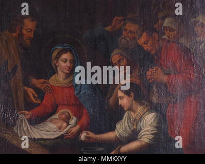 . Français: Elsass, Bas-Rhin, Église St Martin de Fessenheim-le-Bas (IA 67005527). Tableau 'Anbetung des Bergers' (Inconnu, huile sur toile, 90 cm de Haut, XVIIIe): Dieses Objekt befindet sich in der Basis Palissy, Datenbank der Französische Möbel Erbe des französischen Kulturministeriums indiziert, unter der Referenz IM 67009482. Brezhoneg | Deutsch | English | Español | English | Deutsch | Français | Magyar | Italiano | Plattdüütsch | Português | +/-. 9. August 2012. © Ralph Hammann - Wikimedia Commons FessenheimBas StMartin 20. Stockfoto