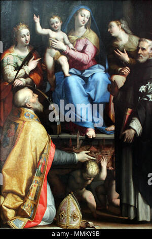 Madonna auf dem Thron mit dem Segen des Heiligen Kindes und Petronius, Katharina von Alexandria, Dominic und Apollonia. 1572. 1572 Sabatini Maria mit Segnendem Art und Heiligen anagoria Stockfoto