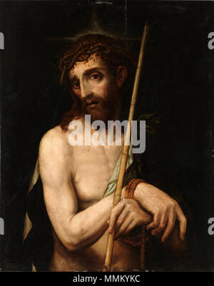 . Español: La Obra-Vertreter eine Jesucristo Coronado de Espinas y llevando una Caña en sus Manos, según lo Evangelios consignado de los Santos. Ecce Homo. 16. Jahrhundert. Ecce Homo (Luis de Morales) Stockfoto