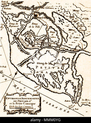 . Français: Aigues-Mortes, Les Salins de Peccais et la Petite Camargue Gravure de Bellin 1764. 10. Februar 2012. Tiefdruck de Bellin 1764 30 Le Grau-du-Roi et la Petite Camargue Gravure de Bellin 1764 Stockfoto