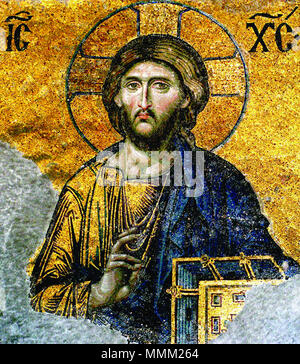 English: Mosaiken in der Hagia Sophia, Szene: Deesis, Detail: Jesus Christus, Fragment Deutsch: Christus Pantokrator, Detail der Deesis Mosaik Français: Christus Majestätsbeleidigung, en détail de La Mosaïque de Déisis. Deutsch: 12. Jh. Englisch: 12. Jahrhundert Français: 12ième siècle. 00058 Christus Pantokrator Mosaik Hagia Sophia 656 x 800 Stockfoto