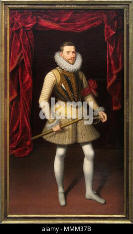 . Español: Retrato del archiduque Alberto de Österreich (1559-1621), Que fue hijo del Emperador Maximiliano II de Habsburgo y de la emperatriz María de Austria y Portugal. "L'aéroport Albert de Habsbourg", huile sur toile (H. 226 cm, l. 131 cm) de Frans Pourbus le Jeune réalisée Entre 1599 et 1600. OEuvre faisant Partie de la collection du Patrimoine National in Spanish du Monastère de Déchaussées royales à Madrid. / Réalisée lors de l'Exposition temporaire l'Europe de Rubens Au musée du Louvre-Lens. 0 L'aéroport Albert de Habsbourg - Frans Pourbus le Jeune (2) Stockfoto