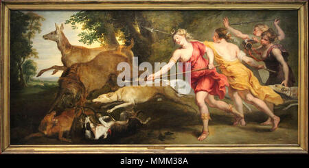 . Français: Diane chasseresse et ses Nymphes, huile sur toile de Pierre Paul Rubens (1636-1639) réalisée sur bestellen de Philippe IV d'Espagne pour son Pavillon de Chasse. - OEuvre faisant Partie d'une Collection particulière de Madrid, Photographiée lors de l'Exposition temporaire "L'Europe de Rubens" du Musée du Louvre-Lens. Englisch: Diana Jägerin und ihre Nymphen, Öl auf Leinwand von Peter Paul Rubens (1636-1639) bei Bestellungen von Philipp IV. von Spanien zu seiner Jagdhütte. - Arbeit als Teil einer privaten Sammlung in Madrid, fotografiert während der Ausstellung "L'Europe de Rubens' der Louvre-Le Stockfoto