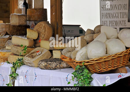 Verschiedene Arten von lokal produzierten Käse auf dem Display in einem offenen Markt in Trento, Italien Stockfoto