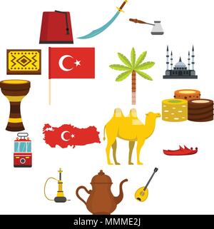 Türkei Reisen Symbole im flachen Stil festlegen Stock Vektor